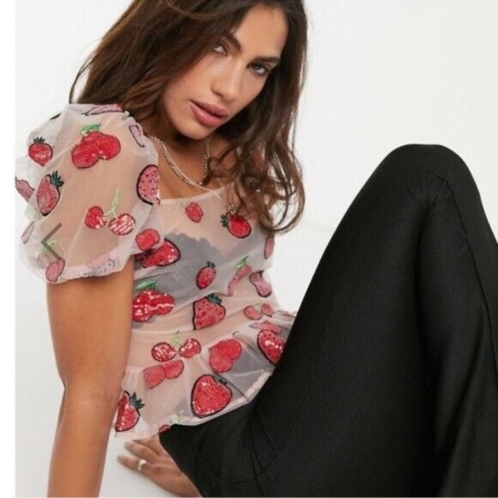TOPSHOP Womens Size 10 Strawberry Cherry Sequin Tie Back Top Pink Sheer - Picture 1 of 4